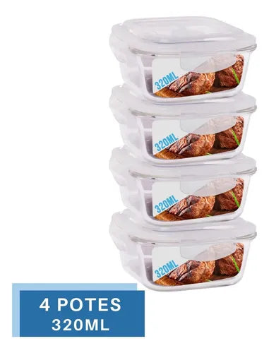 Conjunto 4 Potes Vidro 320ml Hermético 4 Travas Alimentos