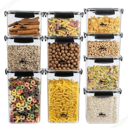 Kit com 10 Potes Herméticos Retangulares Empilháveis com 4 Travas, Porta-Mantimentos e Alimentos, Super Resistentes e à Prova de Vazamento, Ideal para Organizar Cozinha e Armários, House Organizer