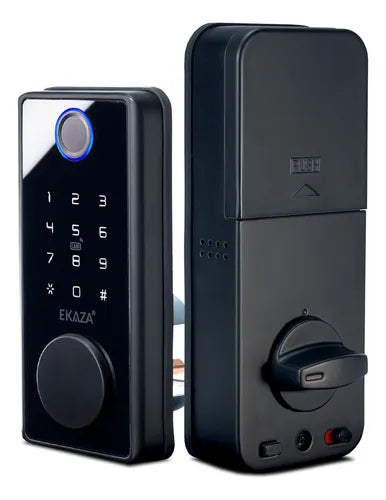 Fechadura Eletronica Digital Sobrepor Com Biometria Senha Cartão Chave Abre Com Aplicativo Wifi Tuya Voz Portugues Porta Madeira espessura entre 35mm e 50mm Cor Preto Ekaza T328
