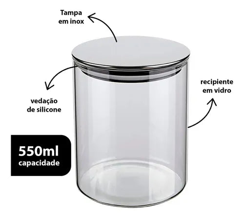 Pote Hermetico Vidro Tampa Inox Para Alimentos 550 Ml 3 Un