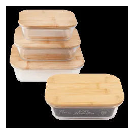 Conjunto De 2 Potes Retangulares 520ml Hermético Tampa Bambu