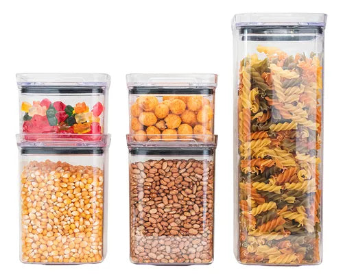 Kit Potes Porta Mantimento Hermético Quadrado Cozinha 5 Unidades Acrílico Livre De Bpa