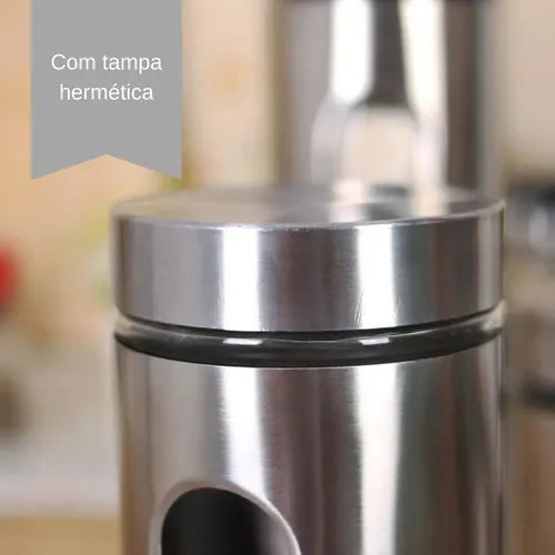 Jogo De 4 Potes Com Visor Inox Vidro Hermético Mantimentos