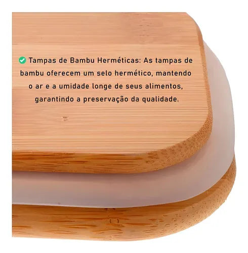 3 Potes Vidro Tampa Bambu 800ml Hermético Brav Quadrado Kit