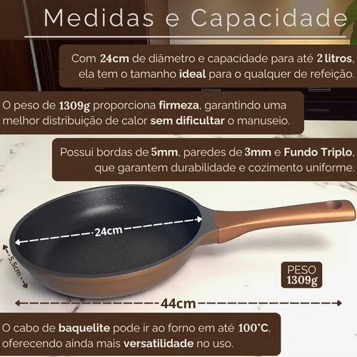 Frigideira Antiaderente Cerâmica 24cm Com Tampa Compatível Com Fogão A Gás E Indução Aristus - Dourado-preto