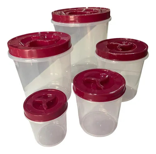 Kit Com 5 Potes De Rosca Para Mantimentos Alimentos Traspar Cor Bordô