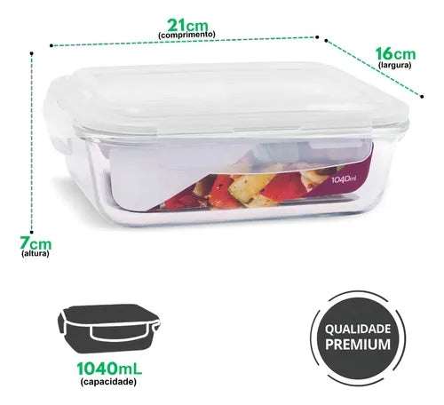 Kit 3 Potes Retangular 1040ml Com Tampa Hermética E 4 Travas
