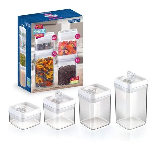 Kit 4 Potes Herméticos Acrílico Quadrado Com Tampa Preta Cor Transparente
