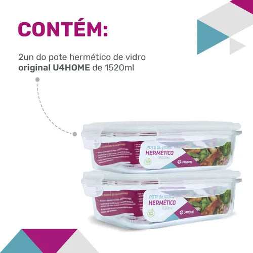 Conjunto 2 Pote Grande Vidro Hermética Marmita Tampa 1520ml