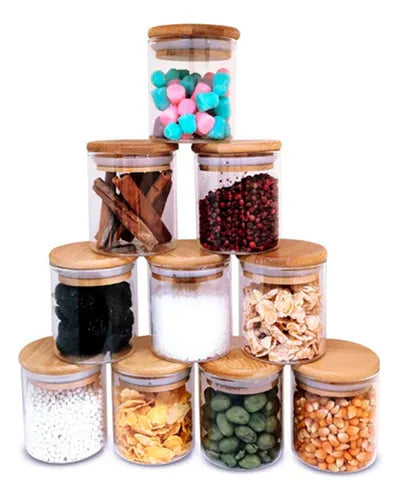 Kit 8 Potes De Vidro Porta Mantimento Tampa De Bambu 200ml