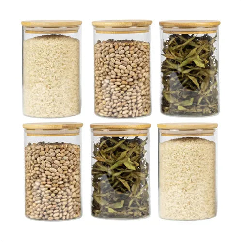 Kit 6 Potes Vidro Hermeticos Tampa de Bambu Porta Condimentos Cereais