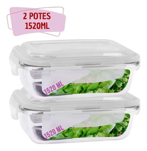 2 Pote Vidro Hermética Marmita Tampa Silicone 1520ml 4 Trava