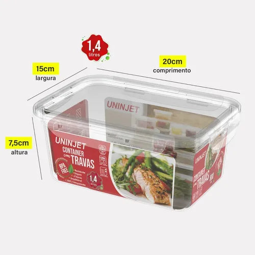 Kit 3 Potes Retangulares 1,4l Freezer Microondas Marmita Cor Transparente - 1,4l