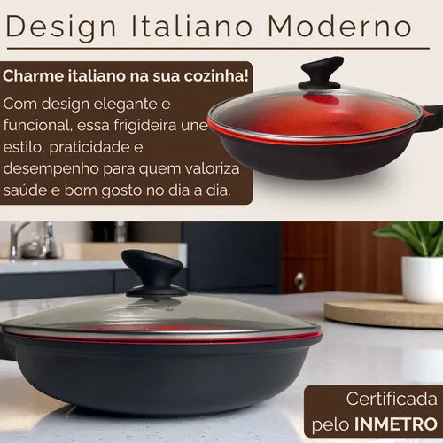Frigideira Antiaderente Cerâmica 28cm Com Tampa Compatível Com Fogão A Gás E Indução Aristus - Preto-vermelho