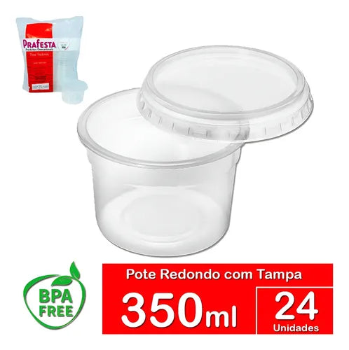 Pote Redondo Descartável 350ml Tampa Microondas Freezer 24un Cor Transparente