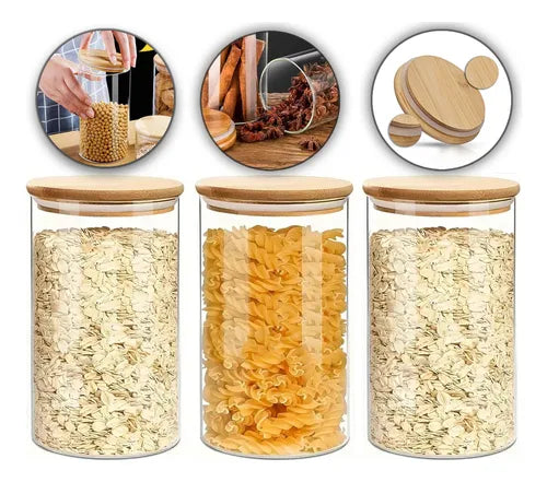 Kit 3 Potes De Vidro Com Tampa De Bambu 1300ml Mantimentos