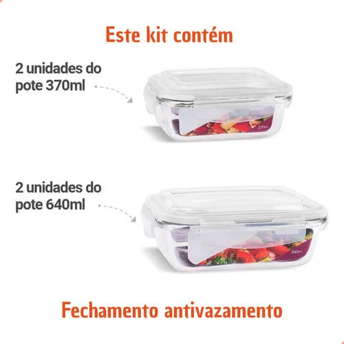 Conjunto 4 Potes Hermético Vidro 370ml 640ml Marmita Fitness Papinha Resistente A Variação De Temperatura Ms Variedades E Utilidades