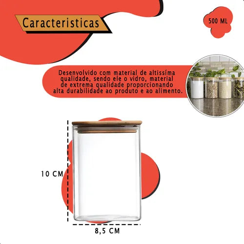 Kit 4 Potes Organizadores Vidro Tampa Bambu Hermética 500ml