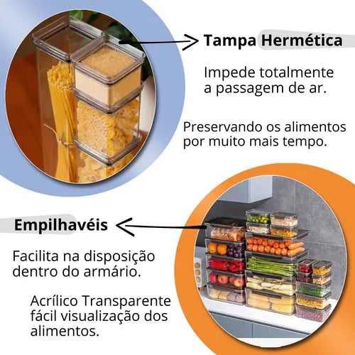 Kit 4 Potes Herméticos Acrílico 480ml Empilháveis Mantimento