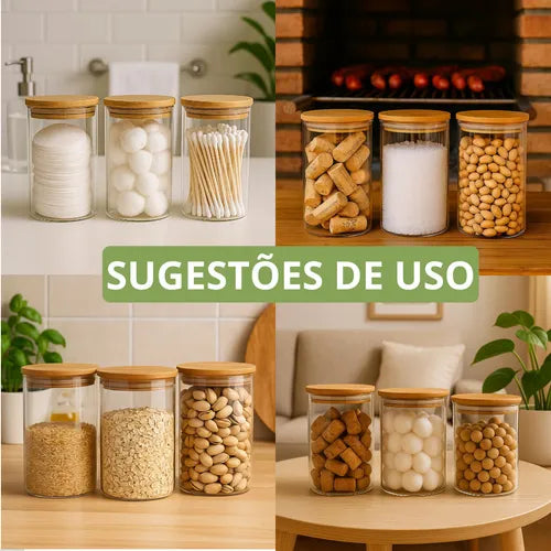 Kit 3 Pote Hermético Vidro Tampa Bambu 1000ml Mantimentos