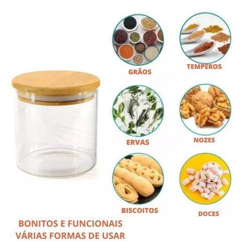 Kit 3 Porta Mantimento Vidro Tampa De Bambu 350ml Branco
