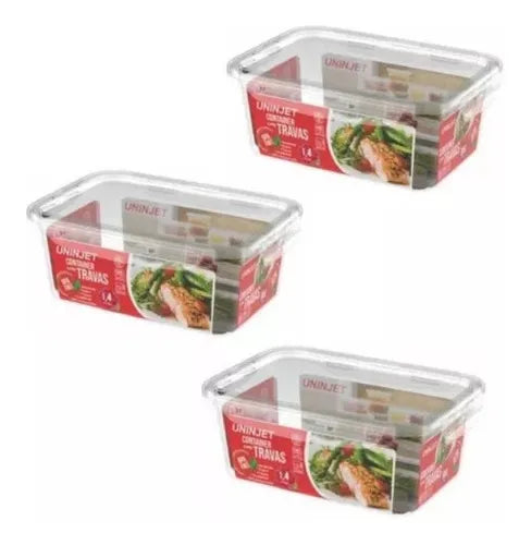 Kit 3 Potes Retangulares 1,4l Freezer Microondas Marmita Cor Transparente - 1,4l