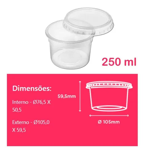 Pote Descartável Redondo 250ml Freezer Microondas Tampa 72un Cor Transparente