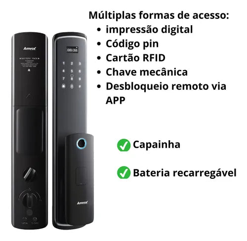 Fechadura Eletrônica Digital com Senha Biometria Digital e Cartão PT Wi-Fi Teclado Touch Screen e Bateria Recarregável Amvox Afc 2000