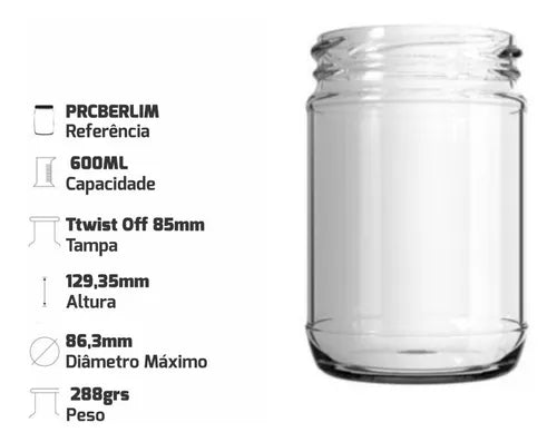 15 Potes Berlim 600 Ml Com Tampa Preta + Lacre