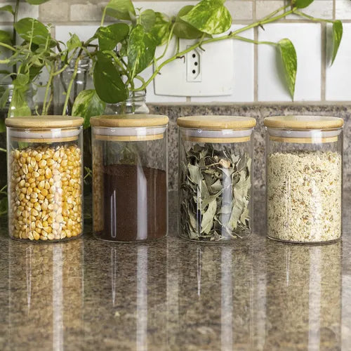 Kit De 4 Potes Herméticos Tampa De Bambu 300ml Alimentos