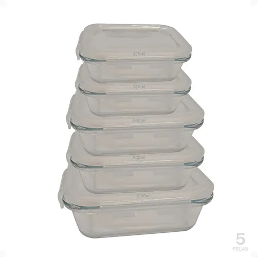 Kit Conjunto 5 Potes Geladeira Vidro Hermético Marmita Tampa Cor Branco