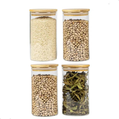 Kit 4 Potes Herméticos De 500 Ml Com Tampa De Bambu Condimentos Organizadora