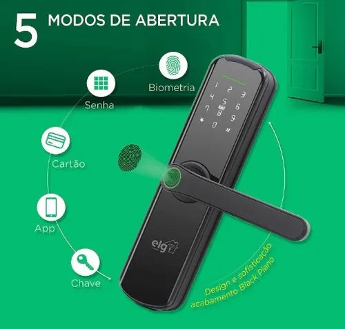 Fechadura Digital Biométrica Inteligente ELG SHFB700, Wi-Fi, Abertura por Biometria, Senha, Cartão de Proximidade, Aplicativo ou Chave de Emergência, Preto