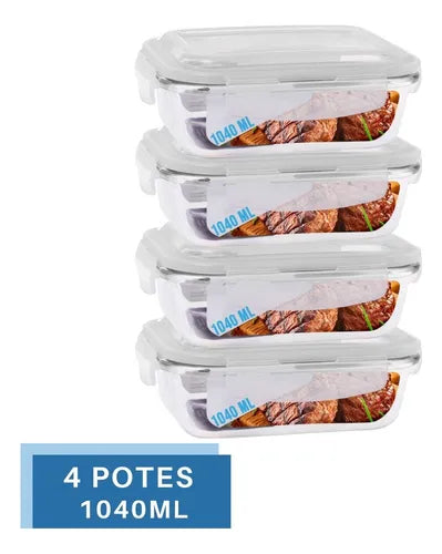 Pote De Vidro 1040ml Vai Ao Forno, Microondas Com Tampa 4un