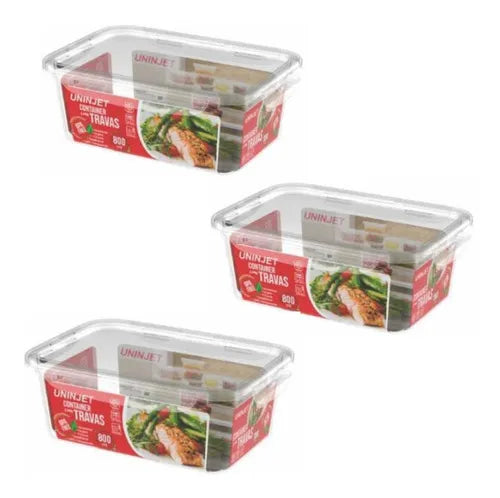 Kit 3 Potes Retangulares 800ml Freezer Microondas Marmita