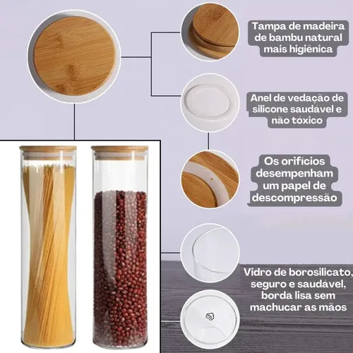 Pote 2l Hermético Porta Espaguete Transparente Tampa Bambu