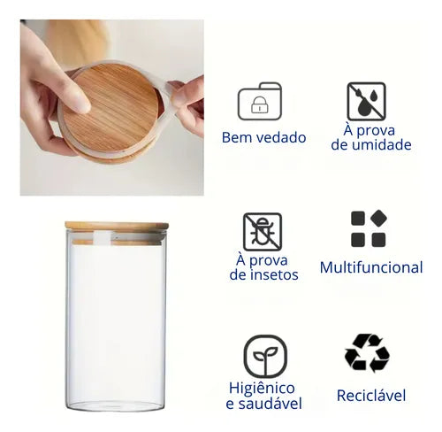 Pote Vidro 300ml Hermetico Tampa Bambu Premium Graos Cereais