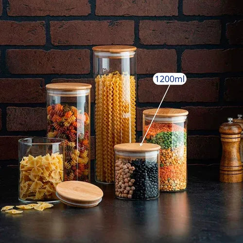 Pote Vidro Hermetico Tampa Bambu 1200ml Premium Cereal Graos