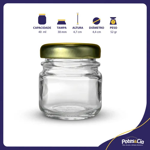 Kit Com 24 Potinhos De Vidro 40ml + Tampa Metálica E Lacres Cor Dourado