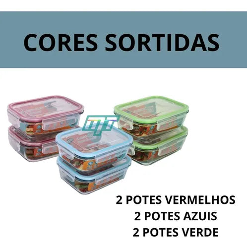 Conjunto 6 Potes Vidro Hermético Marmita Mantimentos 1040ml