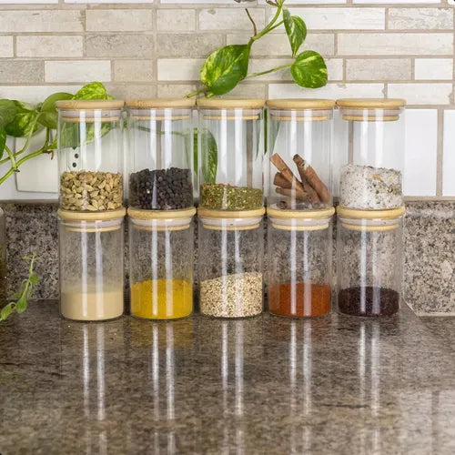 Kit De 10 Potes De 300ml Vidro E Tampa Hermética De Bambu