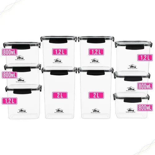 Kit com 10 Potes Herméticos Retangulares Empilháveis com 4 Travas, Porta-Mantimentos e Alimentos, Super Resistentes e à Prova de Vazamento, Ideal para Organizar Cozinha e Armários, House Organizer