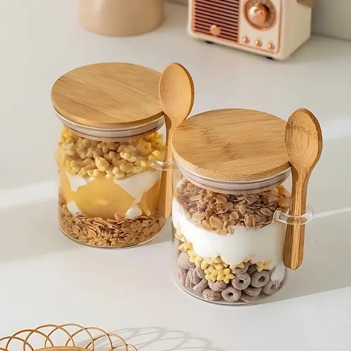 2 Potes De Vidro Hermético Colher Bambu Açucareiro E Saleiro