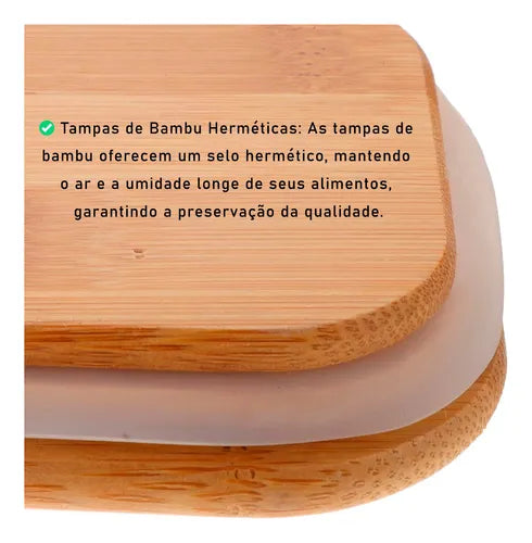 Kit 6 Potes Vidro Hermetico C/ Tampa Bambu Quadrado 300ml