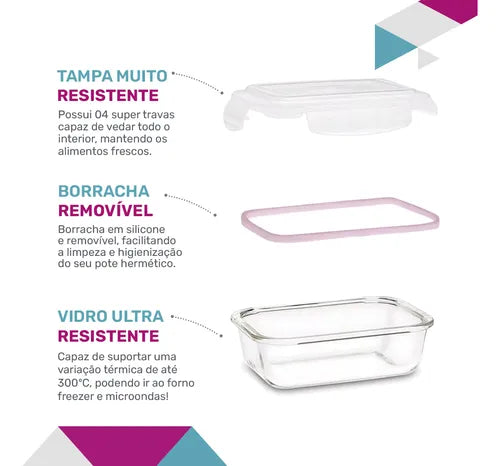 Quentinha Silicone Conjunto 4 Potes Vidro Hermético Marmita Mantimentos 640ml Cor Branco