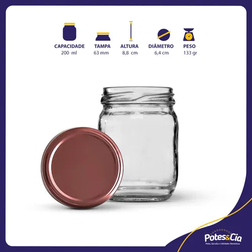 12 Potes De Vidro 200ml Com Tampas Metálicas E Lacres Cor Rosê Gold
