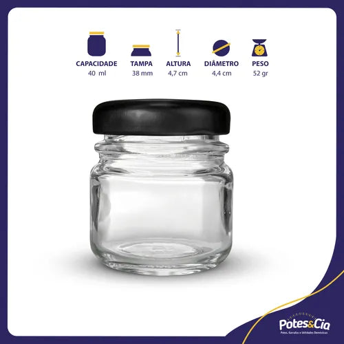 Kit Com 24 Potinhos De Vidro 40ml + Tampa Metálica E Lacres Cor Preto