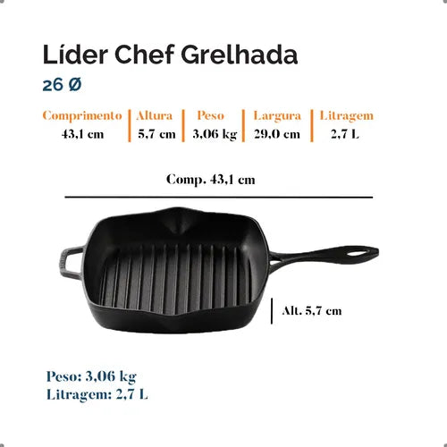 Frigideira Bistequeira Ferro Fundido Líder Chef Grelhada 26