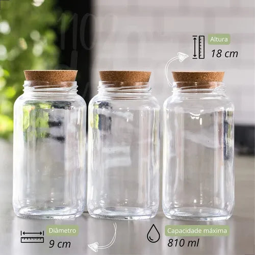 Kit 3 Potes De Vidro 810ml - Tampa De Rolha Cantinho Do Café Cor Café Açúcar Biscoito