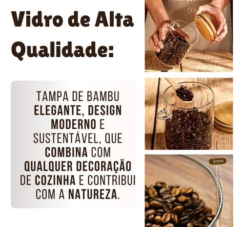 2 Potes De Vidro Hermético Colher Bambu Açucareiro E Saleiro